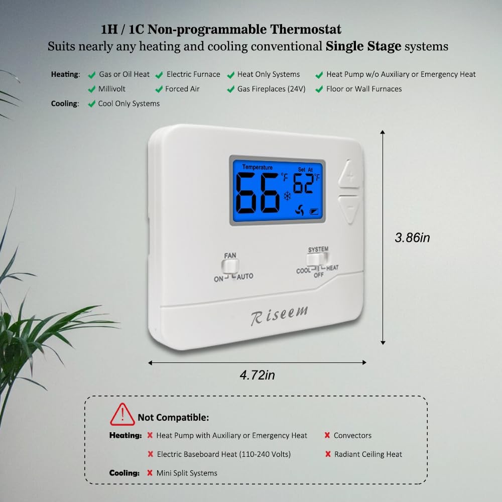 Non-Programmable Thermostat for Home Single-Stage Systems, 1 Heat/1 Cool, Eas...
