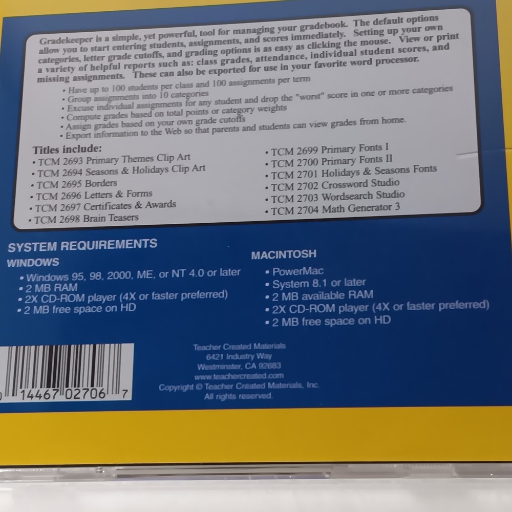 Vintage Software Tools, Gradekeeper, Teacher Created Materials Sealed CD-ROM