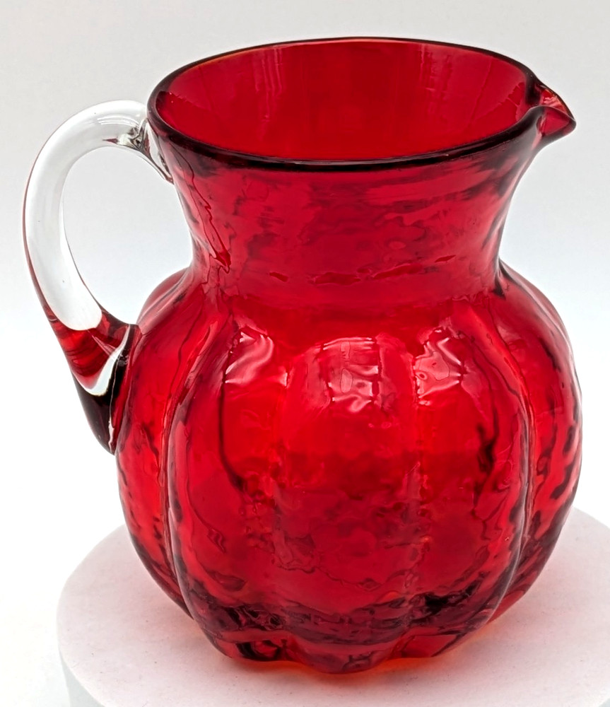 Hand Blown Ruby Red Art Glass Creamer Applied Clear Handle Melon Shape