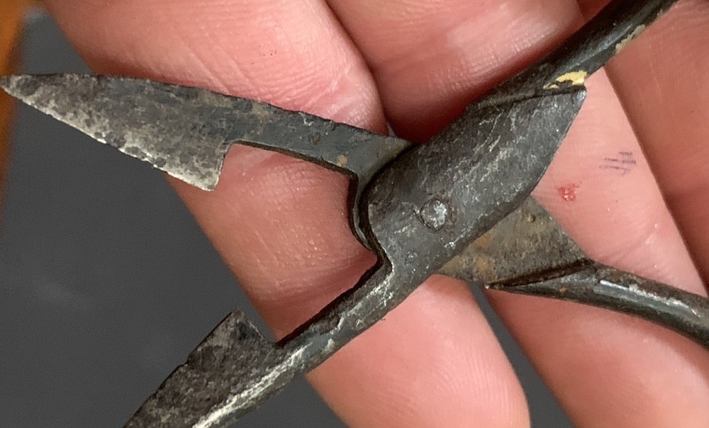 Antique Pair Sewing Scissors Lot Pinking Shears Button Hole Primitive Folding