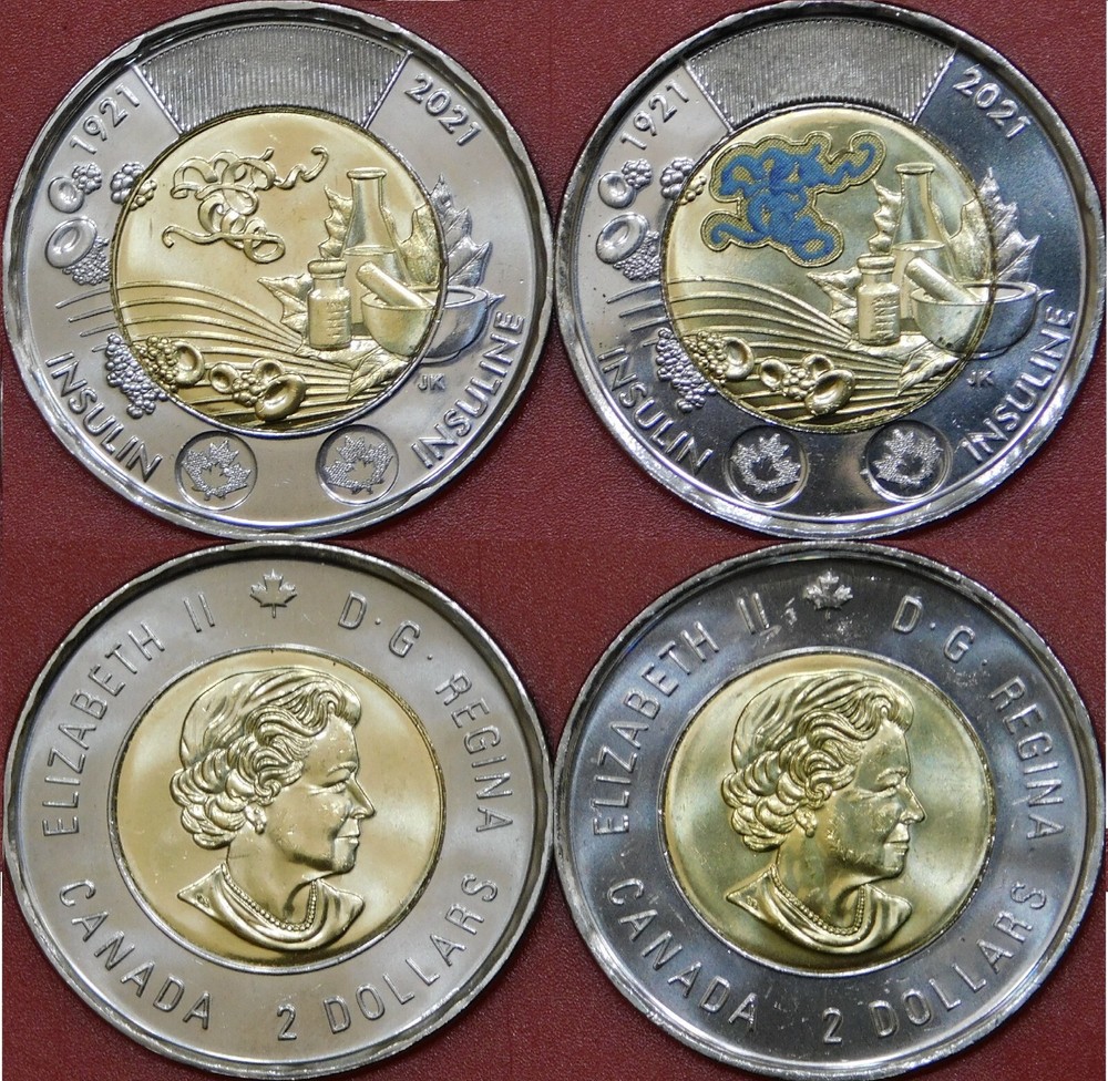 Brilliant Uncirculated 2021 Canada Insulin Plain & Color 2 Dollars