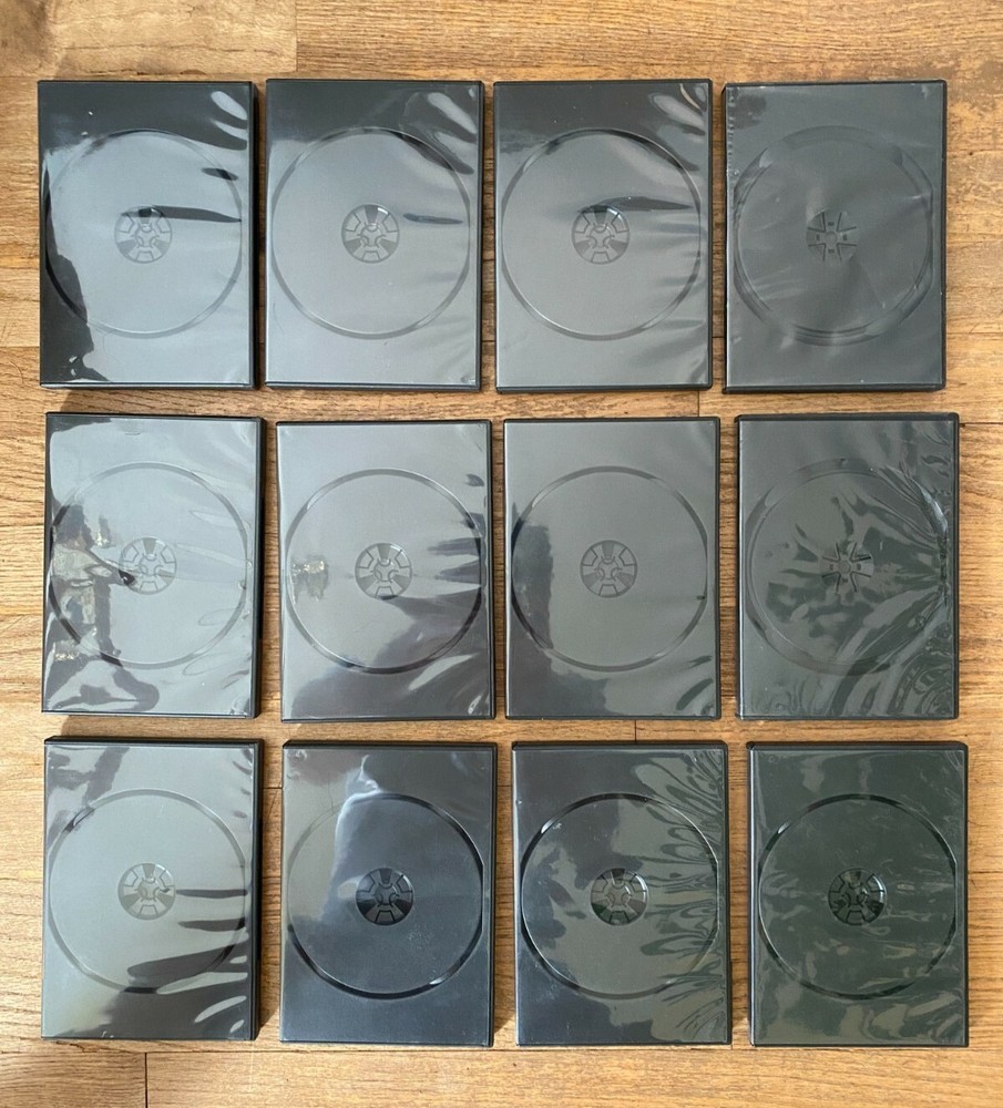 Lot of 12 Generic Black Single 14mm CD/DVD Storage Cases + Plastic Wrap