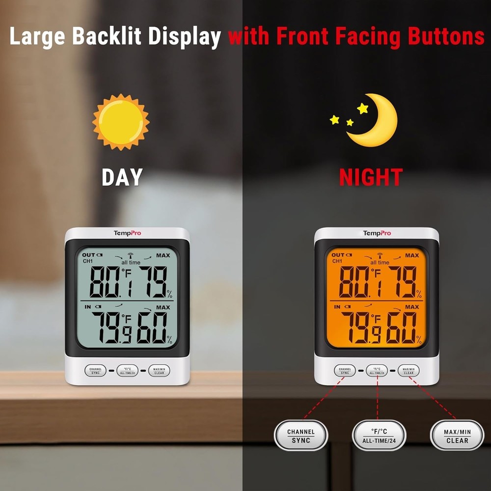 Precise Indoor Outdoor Thermometer with Backlit Display