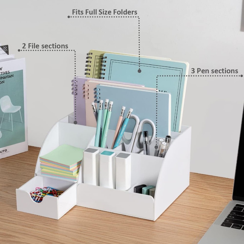 White Desktop Organizer - 9 Compartment Office Desk Accessories Organizer - P...