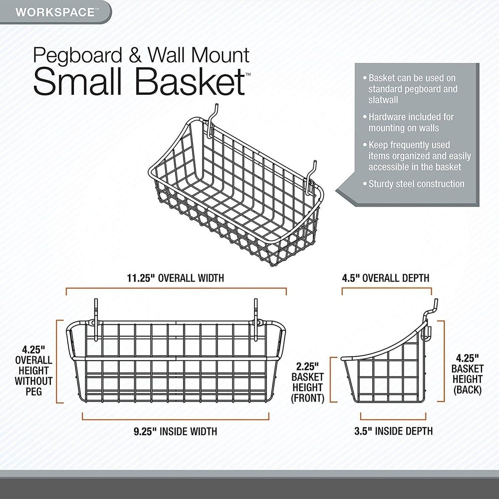 Pegboard & Wall Mount Wire Basket Small Industrial Gray Storage & Organizer