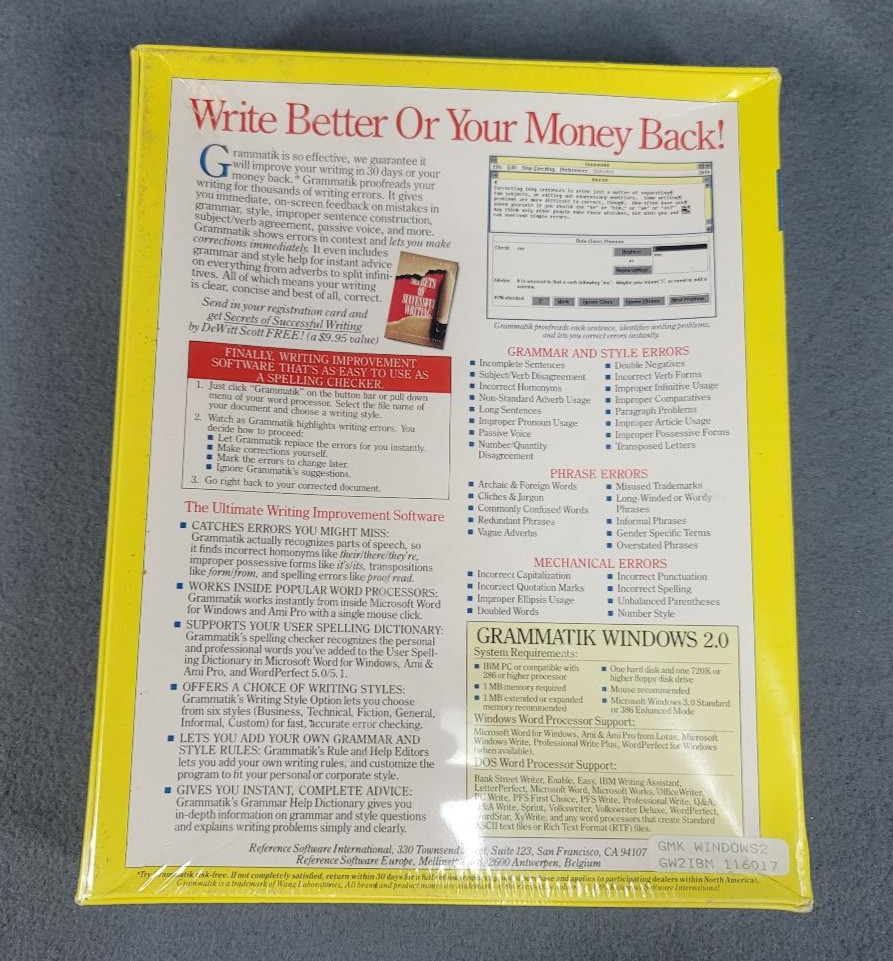 Grammatik Windows 2.0 Software Easiest Writing Style Improvement NEW Vintage