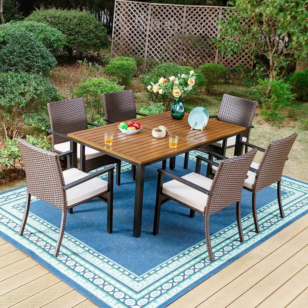Outdoor Patio Dining Table Rectangular Porch Backyard Deck Table w/Umbrella Hole