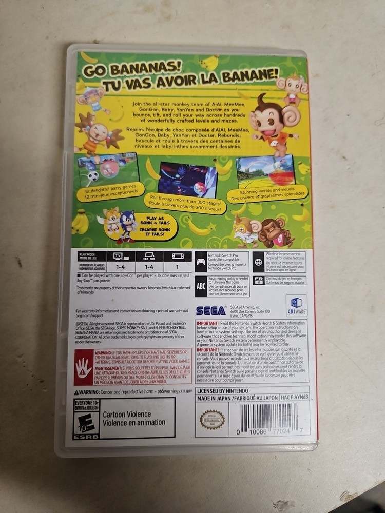 Empty Replacement Case ONLY! Super Monkey Ball Banana Mania - Switch