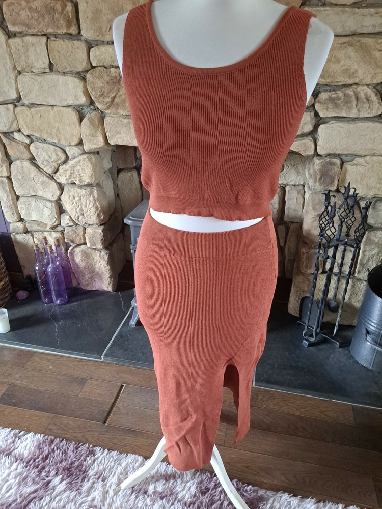 Shein 3 Piece Ribbed Acrylic Knit Set Size M Rust BNWT