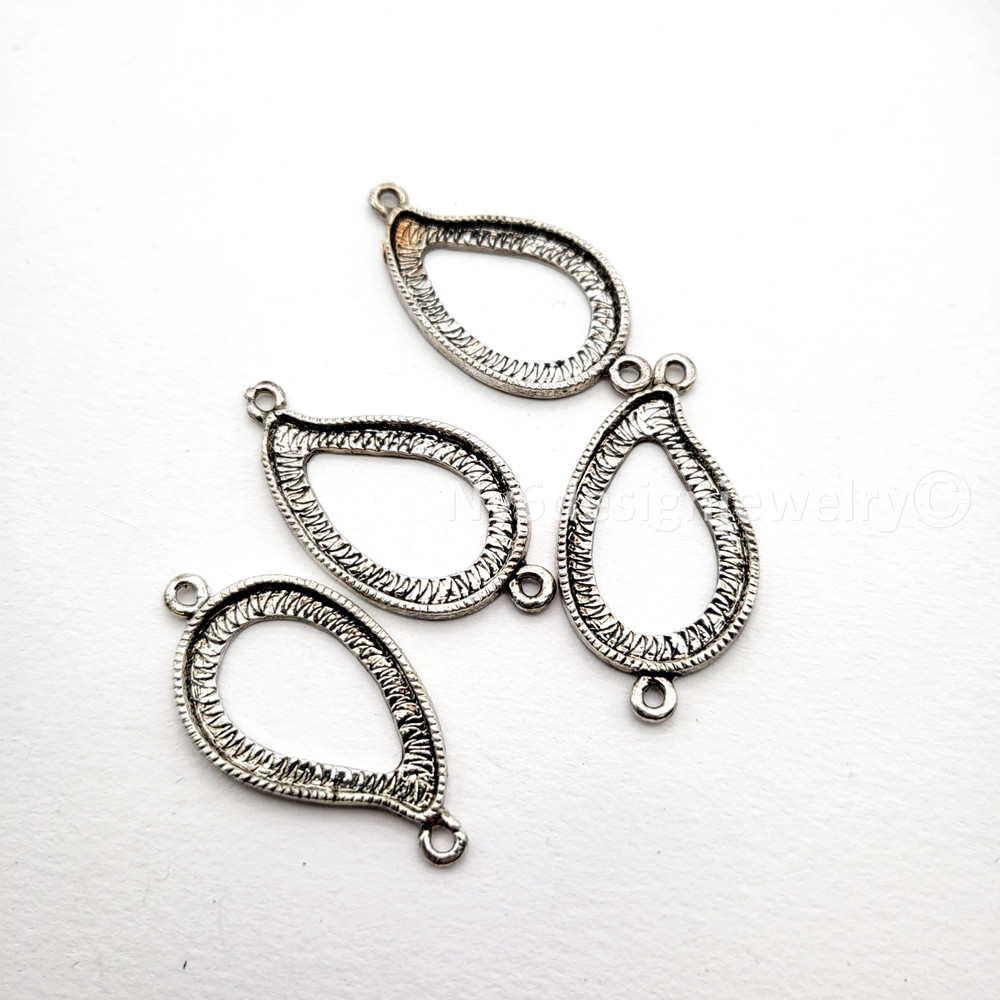 Antique Silver Plated Open Back Teardrop Cabochon Setting Connector • 36x19mm