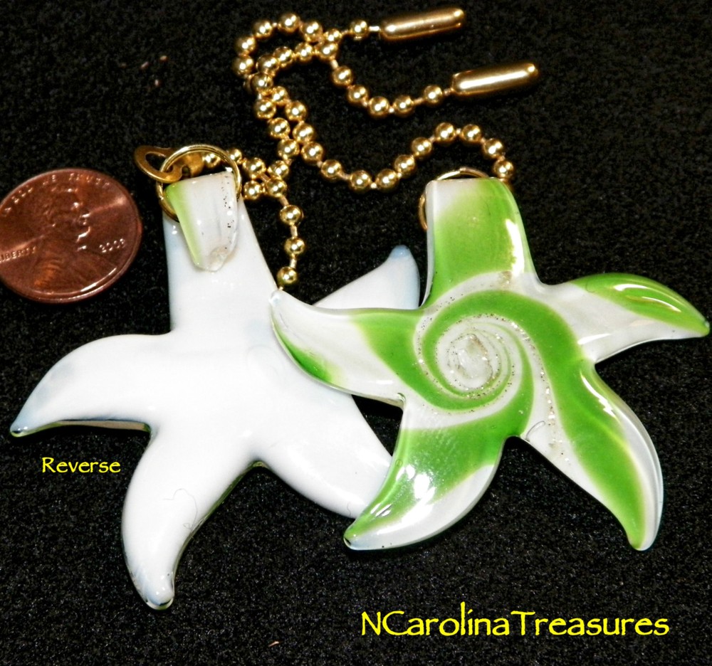 MURANO GLASS CEILING FAN LIGHT SWITCH PULL STAR STARFISH GREEN WHITE LARGE PAIR