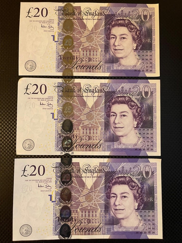 3 x Old British Twenty Pound Notes-Consecutive number-very good condition