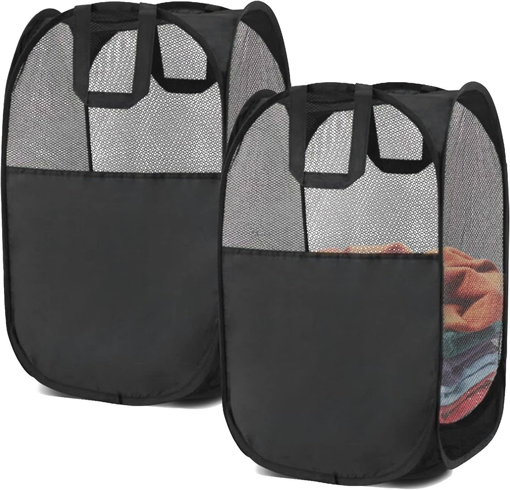 2-Piece Foldable Pop-Up Laundry Hamper Set with Reinforced Handles - Black