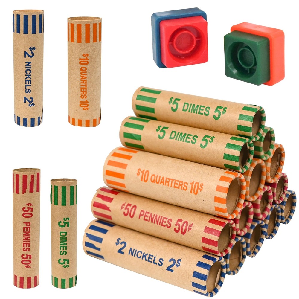 60 Assorted Coin Roll Wrappers with Color Coded Coin Wrapper Crimping Tool -(...