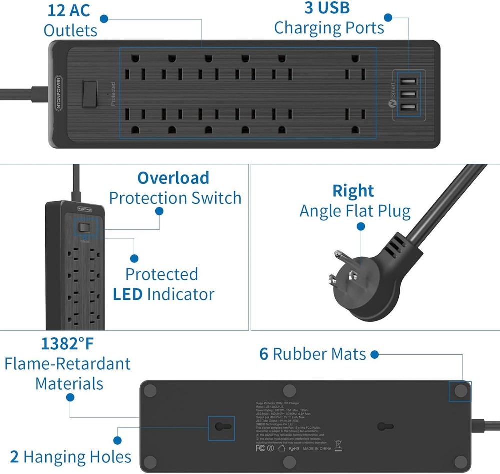 Flat Plug Extension Cord 25 Ft, NTONPOWER Surge Protector 25 FT Cord, Black