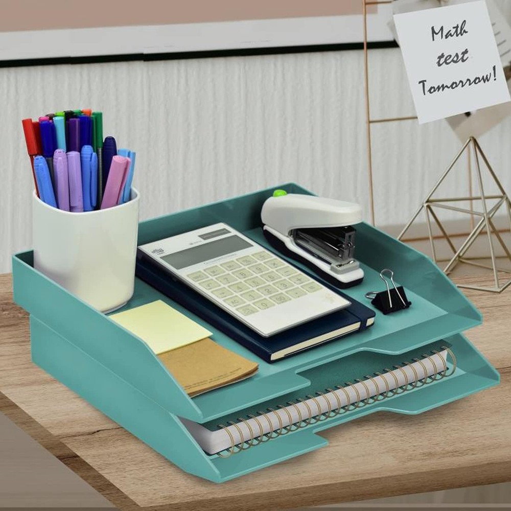 Stackable Letter Tray 2 Tier Side Load Plastic Desktop File Organizer Solid G...