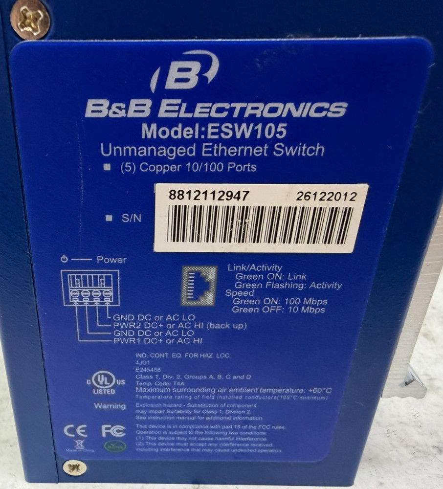 B&B Electronics ESW105 5-Port Unmanaged Ethernet Switch