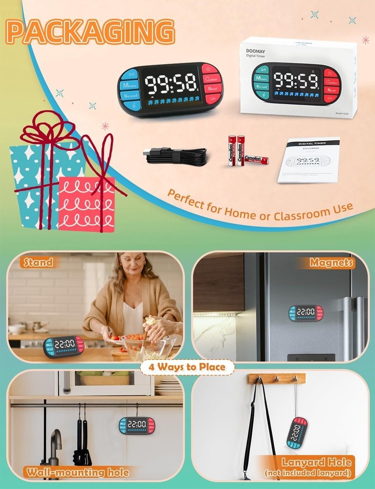 DOOMAY Digital Kitchen Countdown Timer: Magnetic Count up Timer, Large 3.6in