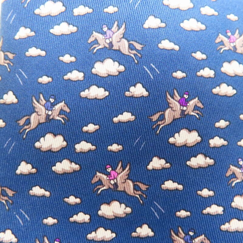 M03-k034 HERMES Pegasus pattern silk tie navy