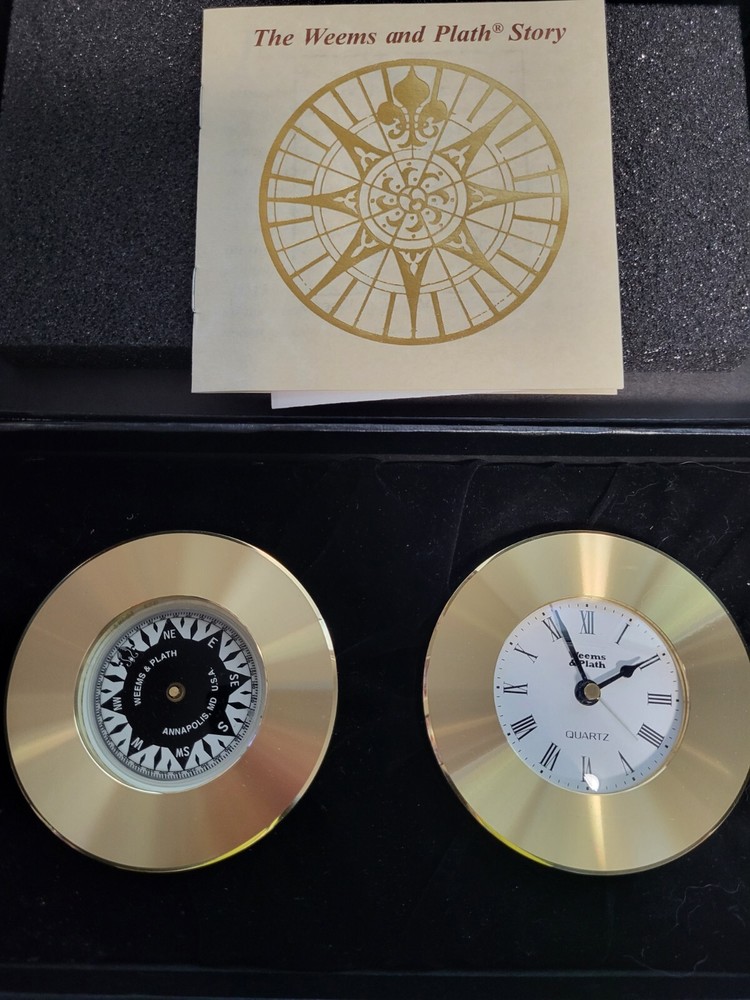 Weems & Plath Brass Compass and Quartz Clock Set Chart weight Engravable Gift