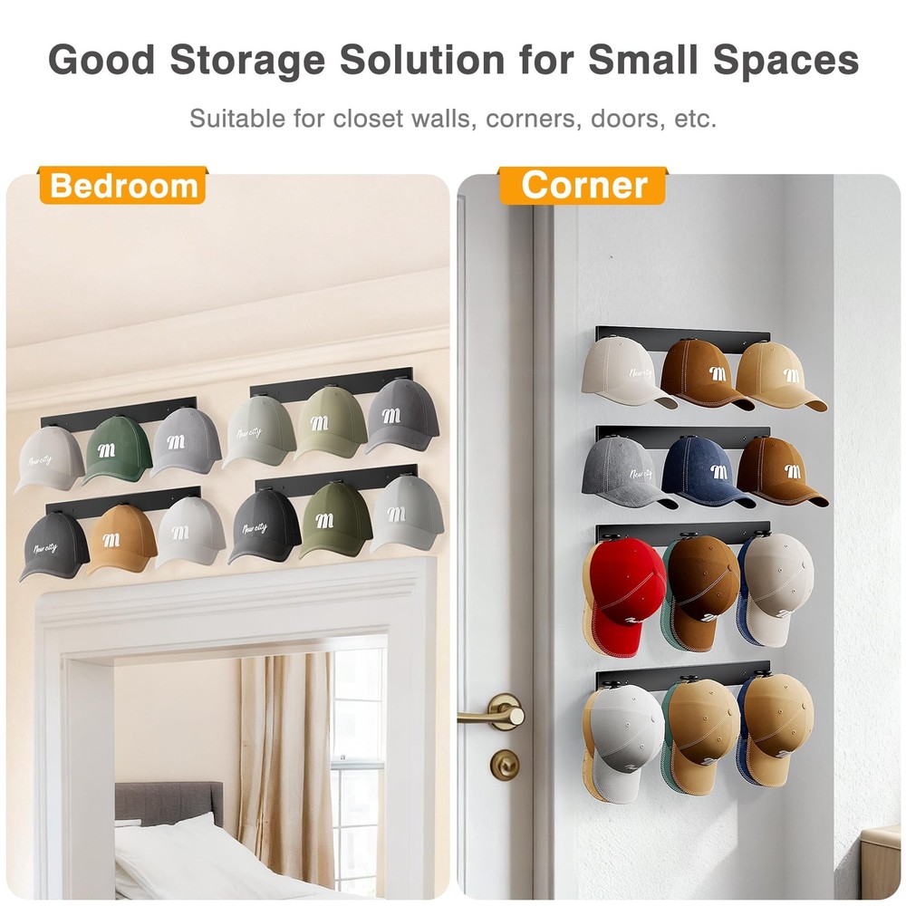 Hat Rack Wall Mount 2-Way Display Hooks 4 Pack Holds 2 Hats | Wall Hanger