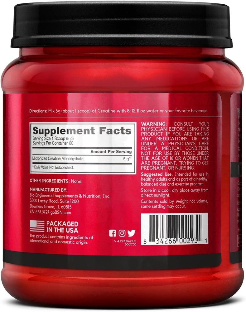 BSN Micronized Creatine Monohydrate Powder, Unflavored Creatine Powder,