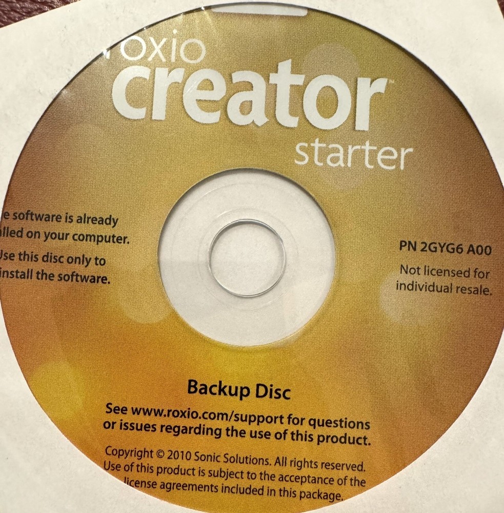 Roxio Creator Starter PN 2GYG6 AOO Back Up Disc