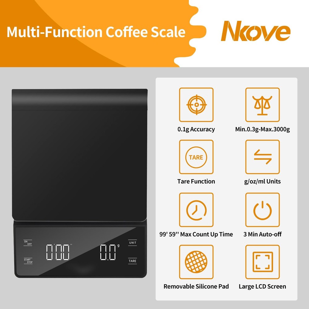Precision Coffee Scale with Timer, 3kg Capacity, 0.1g Accuracy, LCD Display
