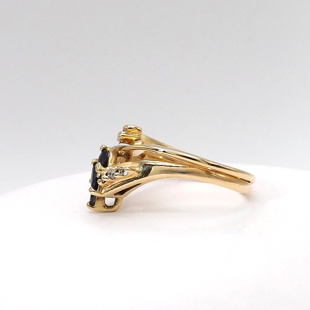 Solid 14k Gold Marquise Natural Sapphire Diamond Ring V Notched Setting sz8