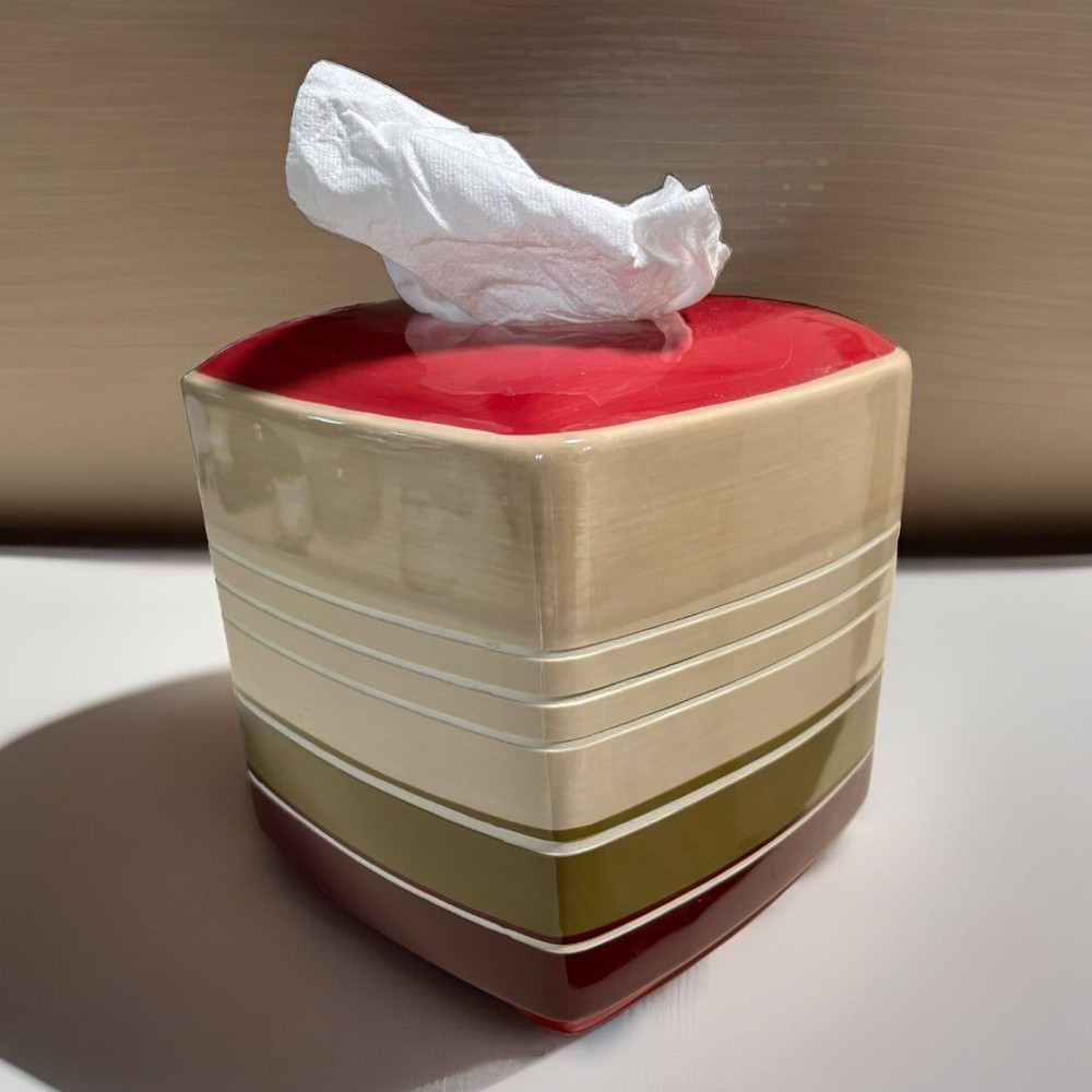 Ceramic Tissue Box Holder Square Striped 6” X 6” Retro Colors