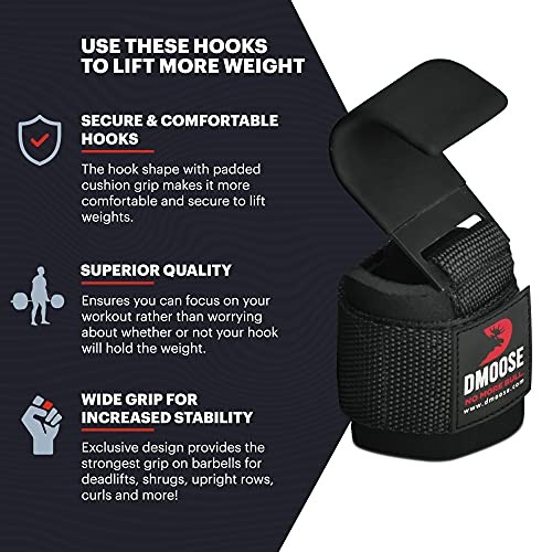DMoose Weight Lifting Hooks (Pair), Hand Grip Support Wrist Black (Flat Hook)