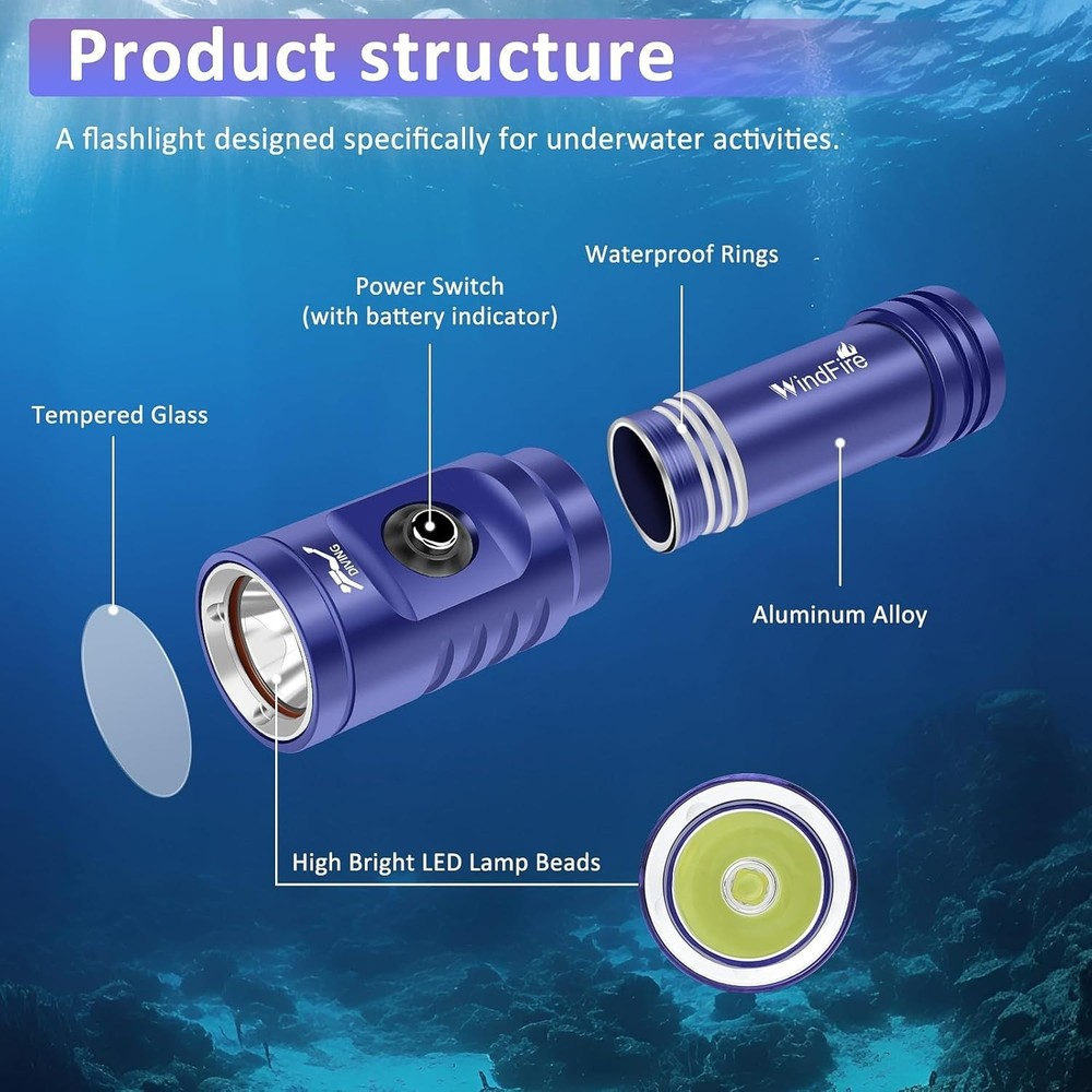 TS08 Scuba Diving Flashlight, Super Bright Dive Light Rechargeable, 3 Modes