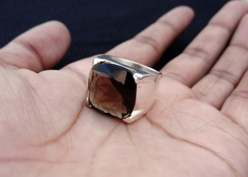 Solid 925 Sterling Silver Natural Smoky Quartz Cushion Cut Stone Statement Ring