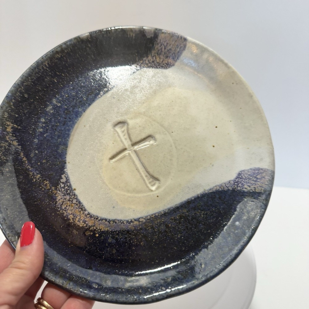 Signed Hand Crafted Studio Pottery Plate Embossed Cross Design Stoneware
