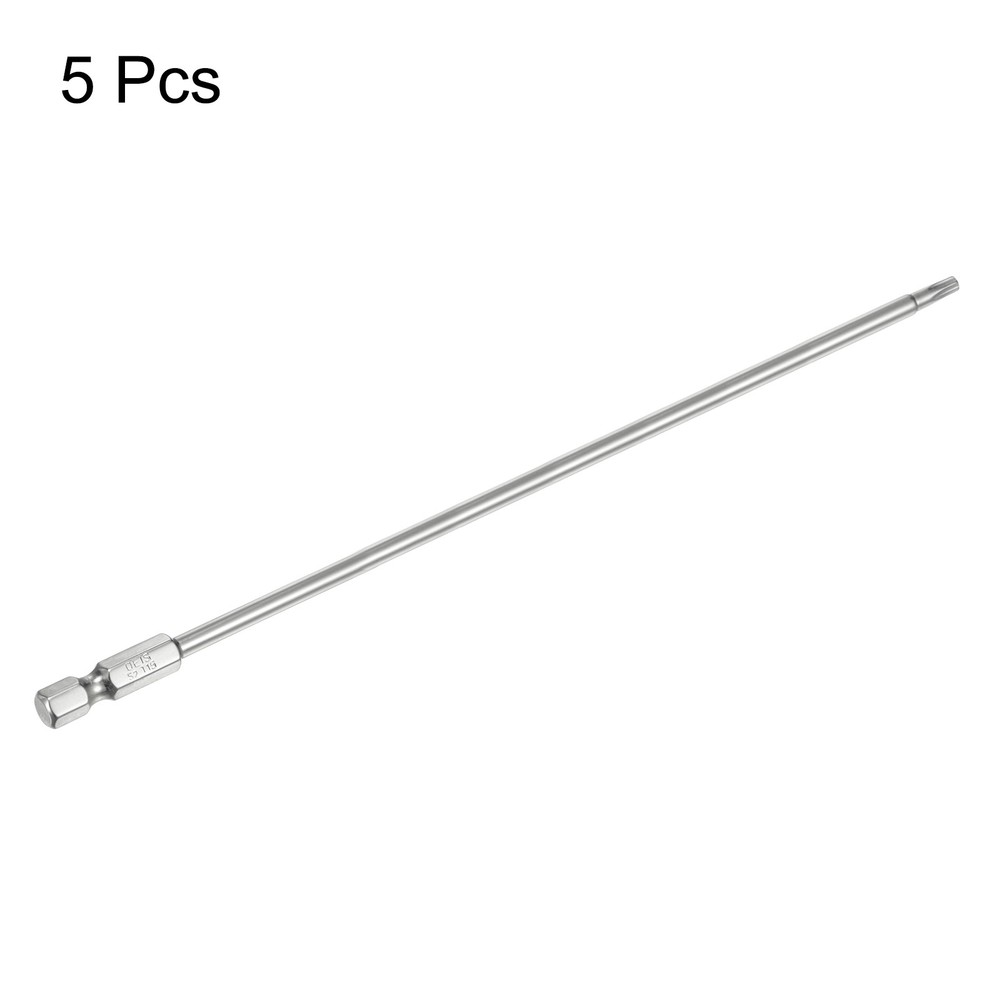 5pcs T15 Security Torx Bit 1/4" Hex Shank 8" Long Tamper Resistant Star Bits