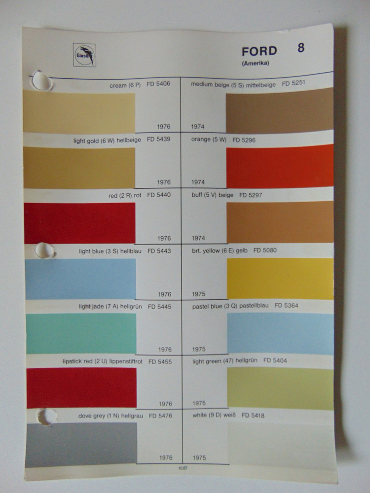 Original Glasurit Ford (US) Paint Chips Sheet - 1974-1976