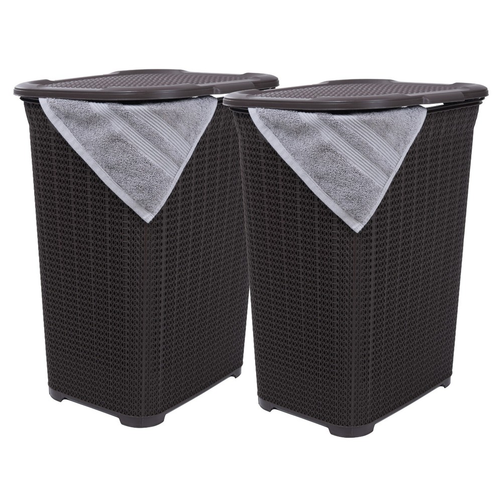 Plastic Laundry Hamper with Lid 50 Liter , Brown 2 Pack Knit Designed, Durable