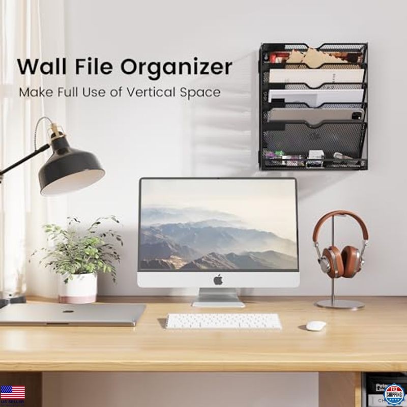 6-Tier Wall Mounted File Organizer, Black Mail & Document Holder, Desk Tray