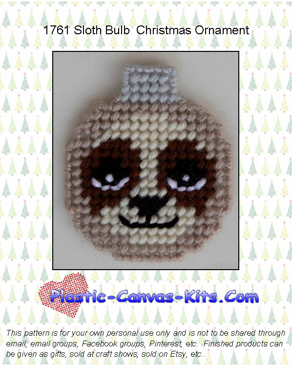 Sloth Bulb Christmas Ornament- Plastic Canvas Pattern or Kit
