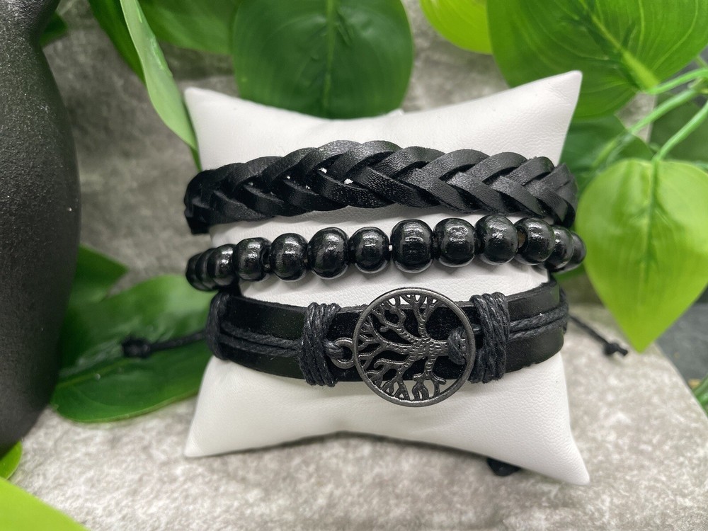 3 PC Unisex Leather Bead Bracelet Stackable Adjustable Tie New Free Ship A3119