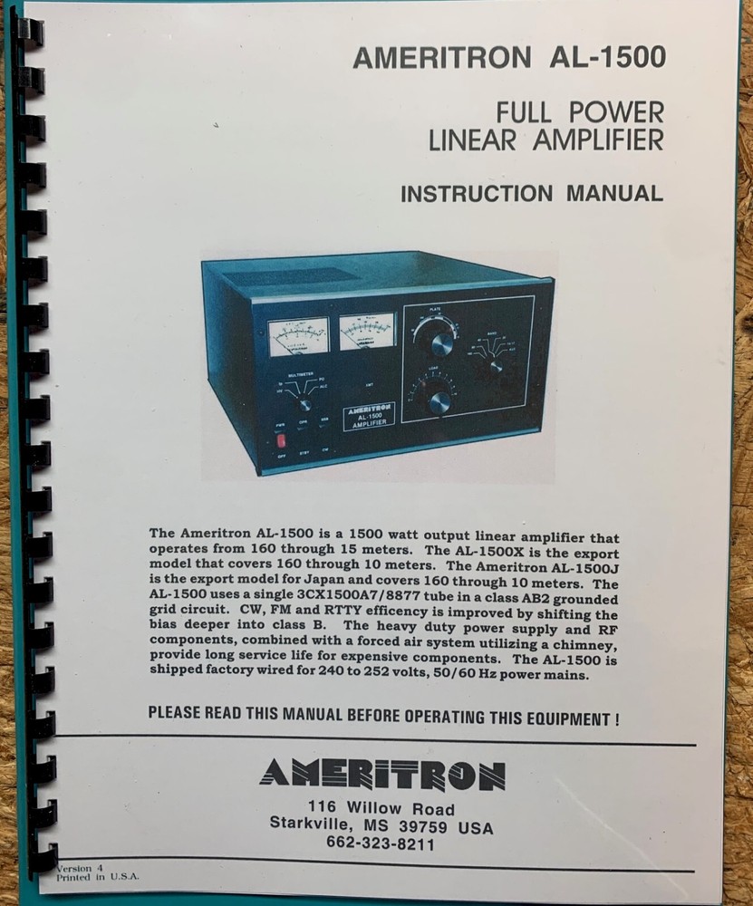 Ameritron AL-1500 Operating & Instruction Manual High Quality, Plastic Covers