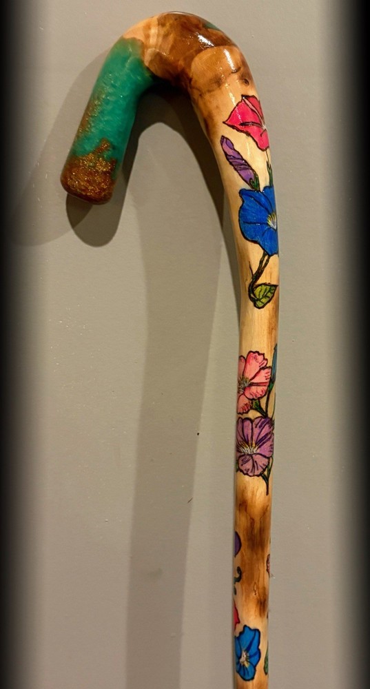 41” Walking CANE With Morning Glory Pyrography Handmade & Finished 🇺🇸