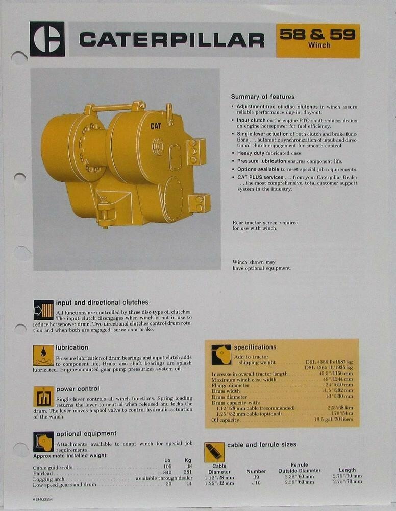 1983 Caterpillar 58 and 59 Winch Sales Spec Sheet