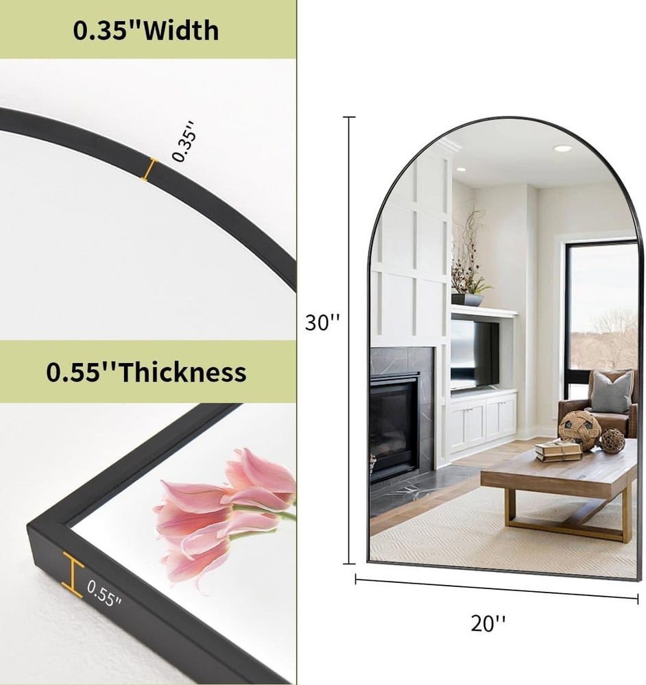 Bathroom Mirror Wall Mounted Modern Arched Mirror with Metal Frame 20x30