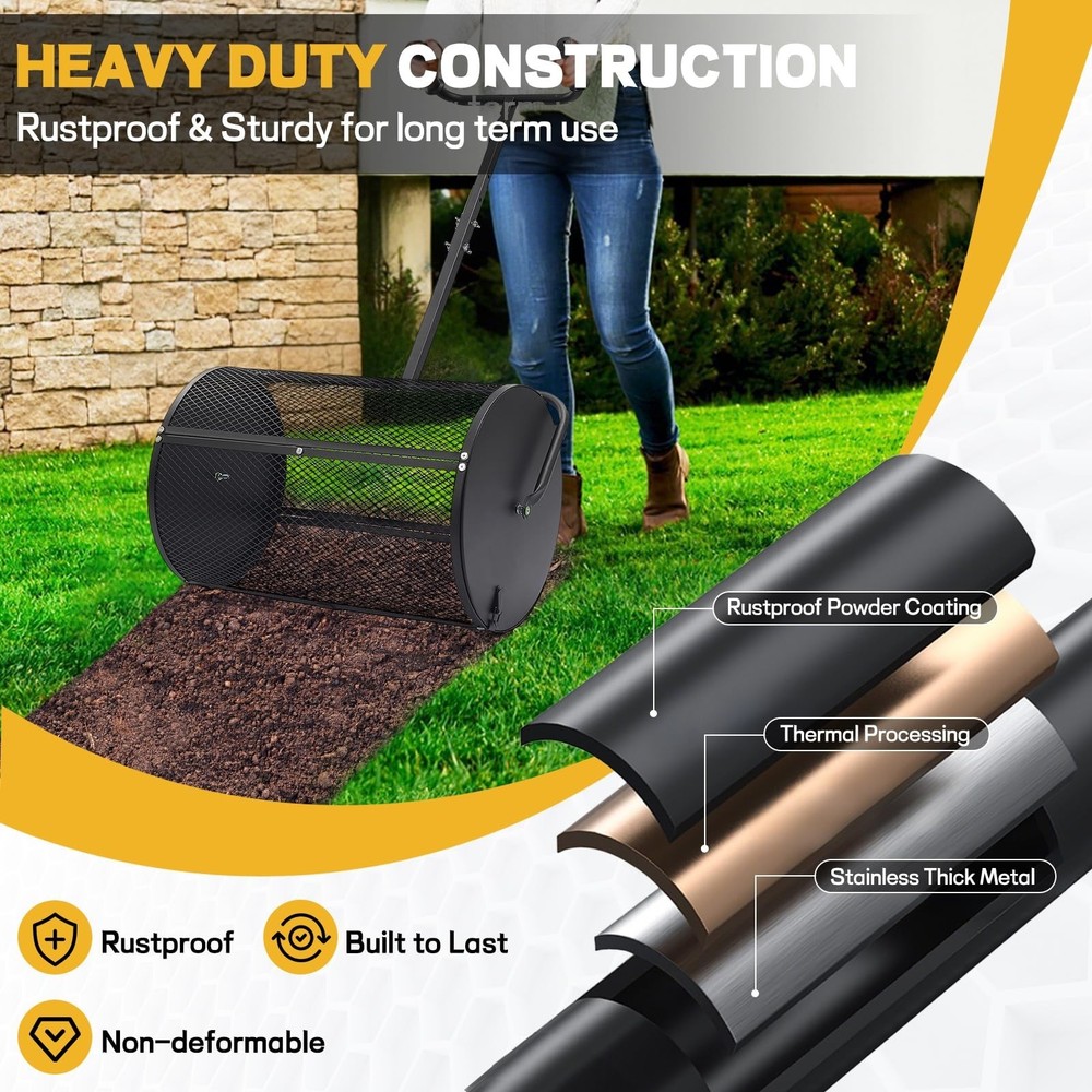 Compost Spreader 24 inch Peat Moss Spreader with Adjustable U-Shaped Handle