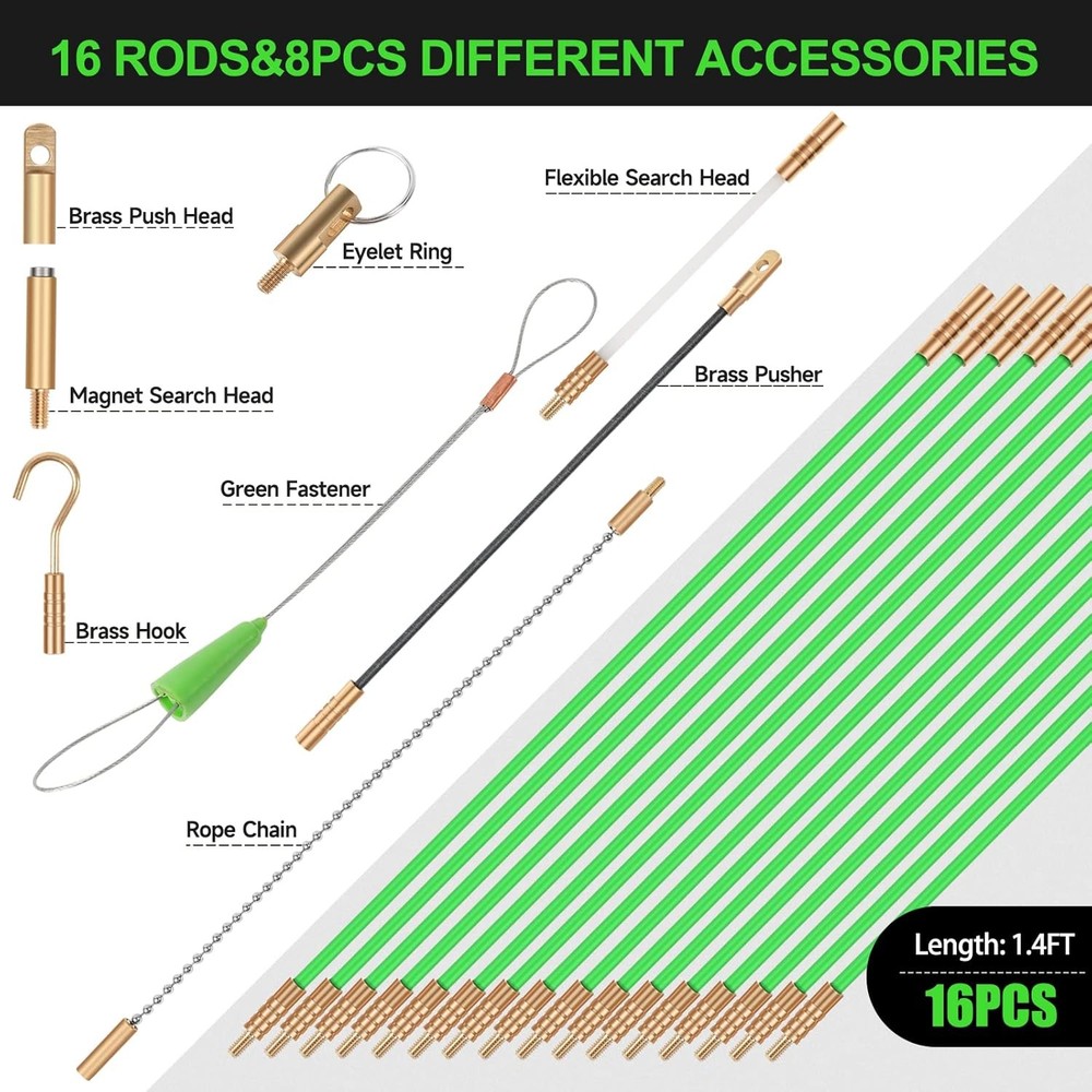 22FT Fiberglass Running Electrical Wire Cable Glow Rods Wire Pulling, Fish Rods