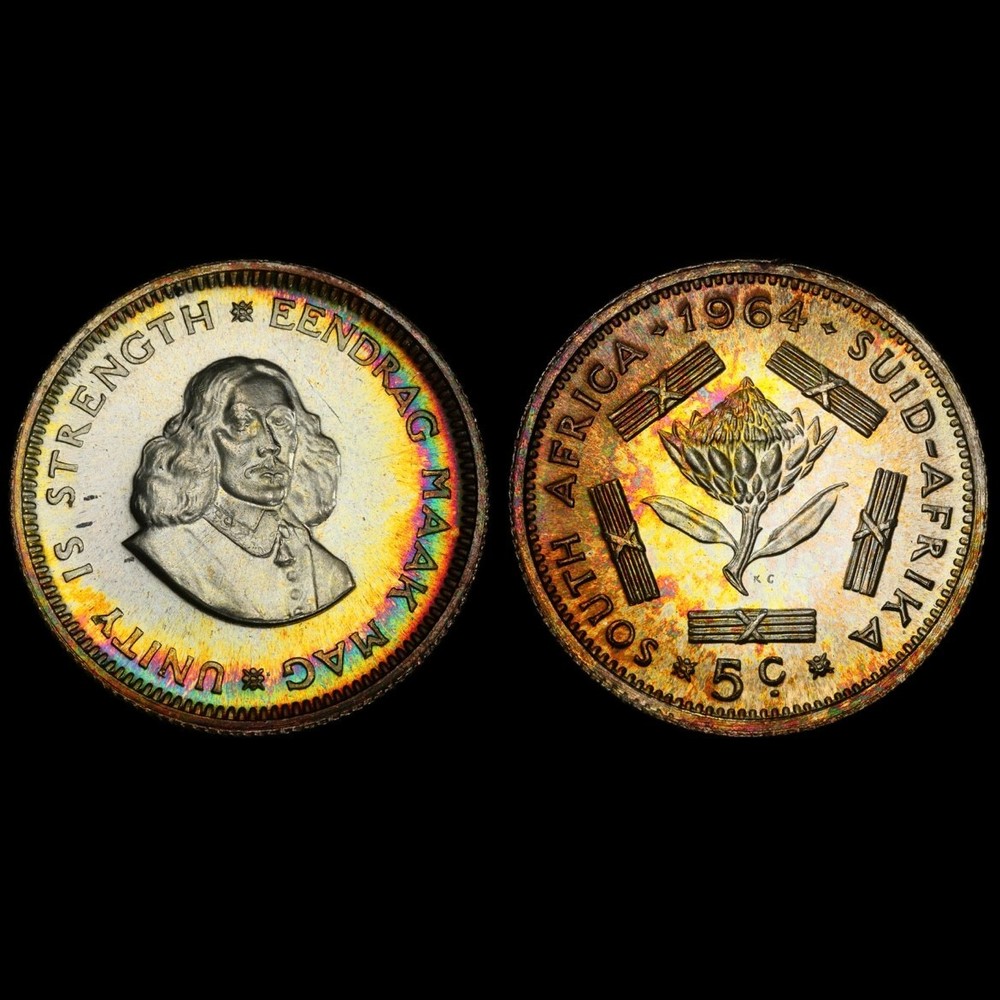 PR66 1964 South Africa Silver 5 Cent Proof, PCGS Trueview- Rainbow Toned