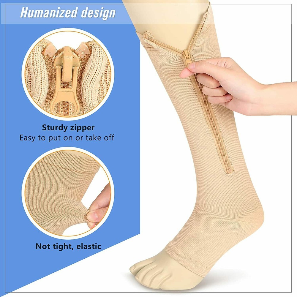 Zippered Compression Socks Open Toe Knee High Circulation Easy On/Off