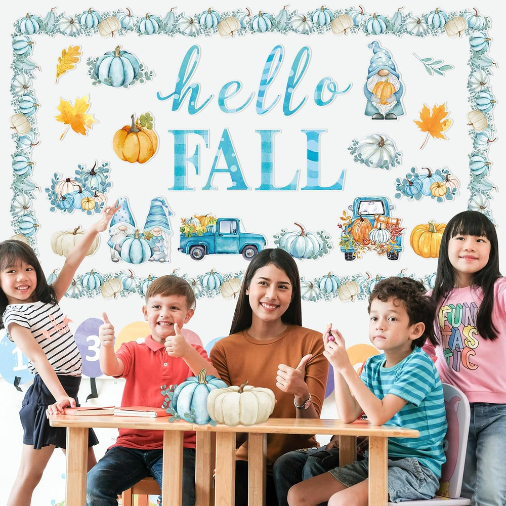 70 Pcs Fall Bulletin Board Set Hello Fall Classroom Decorations Blue Watercolor