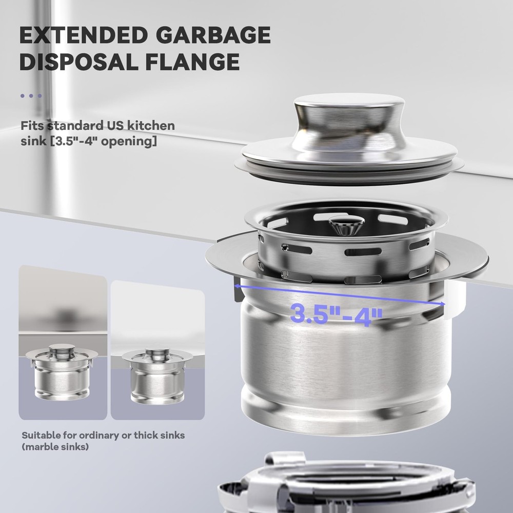 Extended Garbage Disposal Flange with Strainer and Stopper, Deep 304 Stainles...
